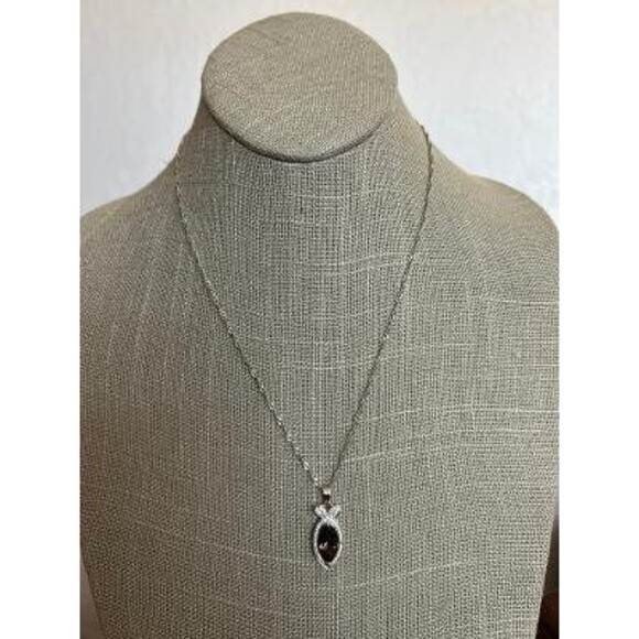Vintage Silver Plated 20" Necklace with Smokey Quartz & Rhinestone Pendant - Picture 1 of 5